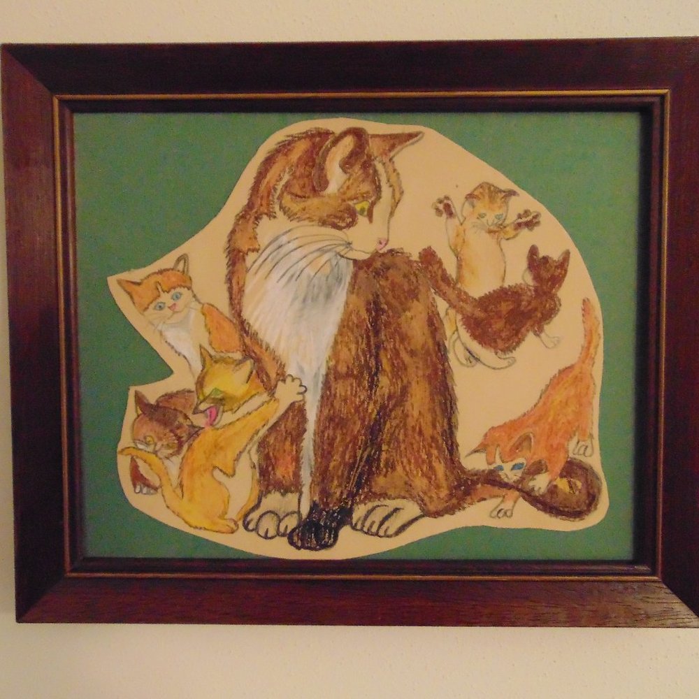 Mother Cat with Kittens, Original Pencil Sketch with Oil Pastels, 11.38x9.38